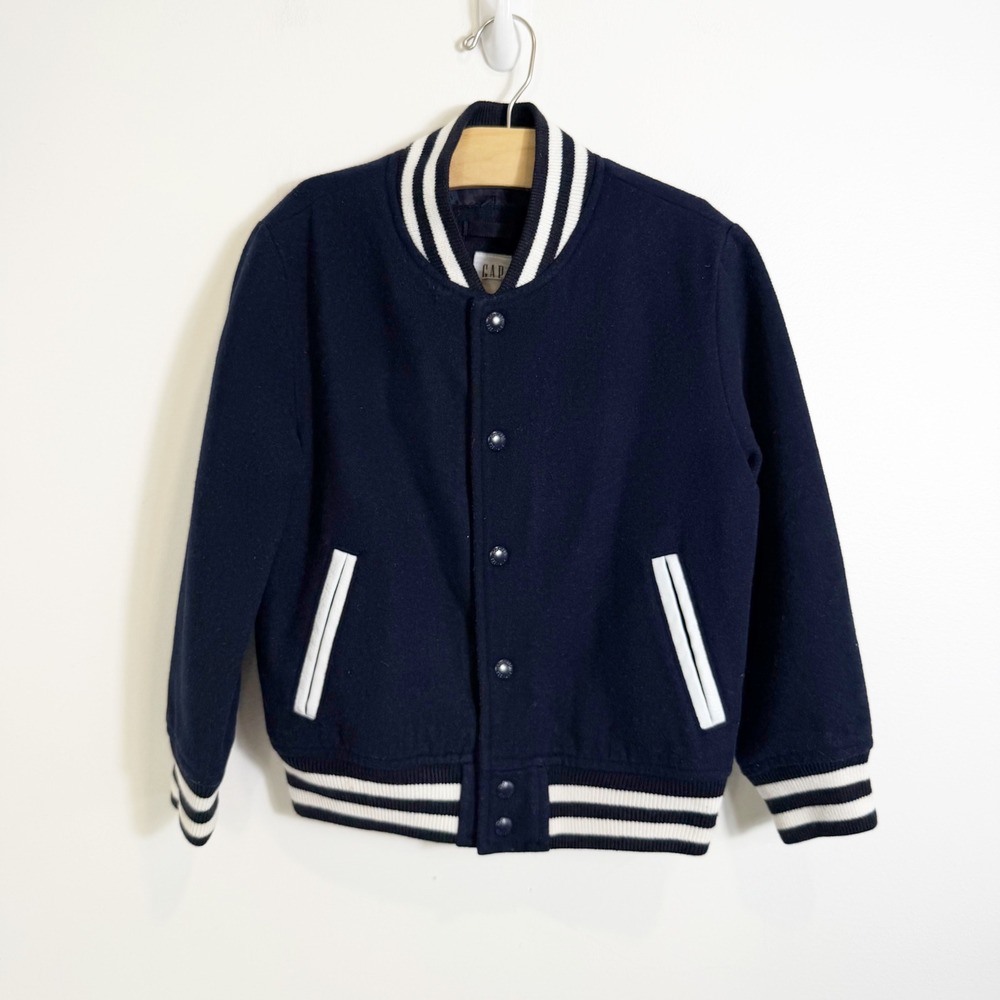 Gap Varsity Bomber Jacket Boys Small 6-7 Blue Wool Blend Snap Button Scholastic